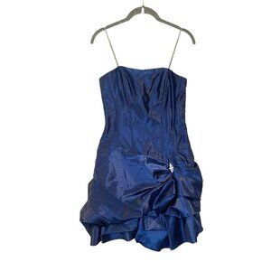 Jessica McClintock Gunne Sax 90s Dress Blue Satin Ruched Strapless Rhinestone‎